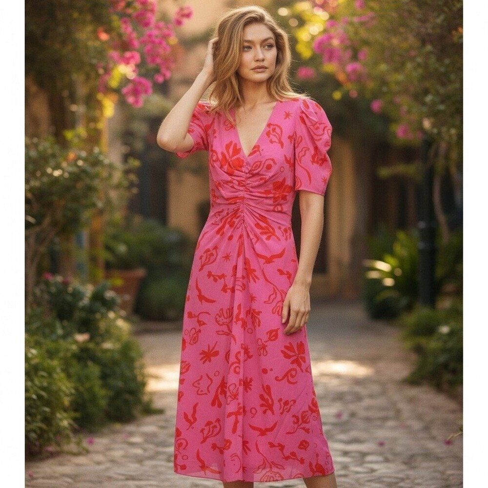 RHODE Pink Floral Midi Dress XS V Neck Puff Sleeve Ruched Waist Occasion